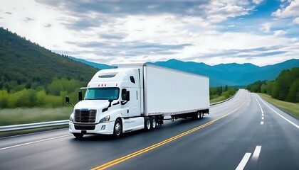 a white cargo truck with a white blank empty trailer for ad on a highway road in the united states. beautiful nature mountains and sky. driving in motion. Generative AI