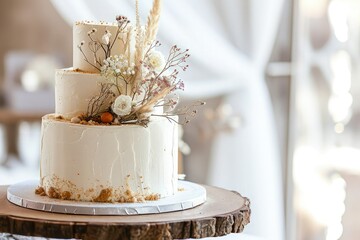Wedding cake 2 layers rustic farmhouse style minimalist some tiny dried flowers on it golden stroke decoration, copy space.