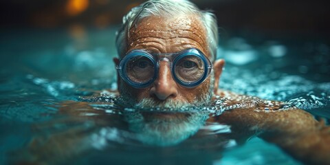 Naklejka premium Face of Happy Old man swimming in indoor pool
