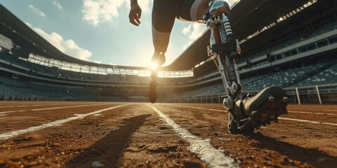 Men para-athletes disabled with prosthetic blades leg running at the stadium. Attractive amputee male runner exercise and practicing workout for Paralympics competition regardless of physical limitati
