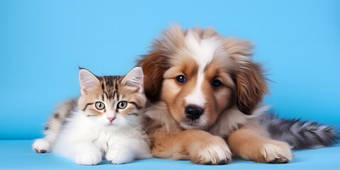 Fototapeta na wymiar Cute fluffy cat and dog lying together. Pets on blue background, copy space.