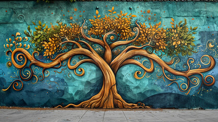graffiti in a street mural of a symmetric gigantic tree - obrazy, fototapety, plakaty
