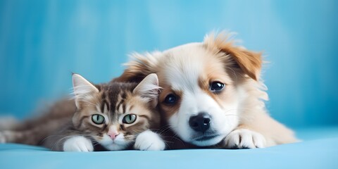 Fototapeta na wymiar Cute fluffy cat and dog lying together. Pets on blue background, copy space.