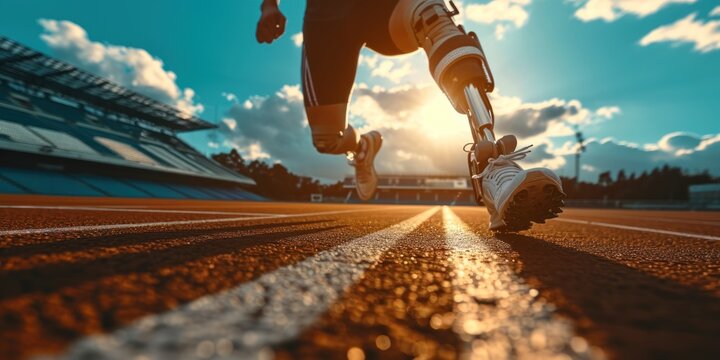 Men para-athletes disabled with prosthetic blades leg running at the stadium. Attractive amputee male runner exercise and practicing workout for Paralympics competition regardless of physical limitati