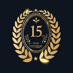 15 Th Years Anniversary celebration. Vector Template festive illustration Golden Color,. Birthday or wedding party event decoration.