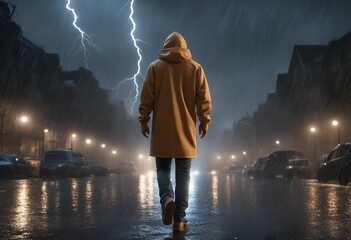 A man walking on rainy nights wearing a hoody with thunder sky.