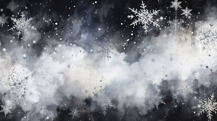 Painted background, abstract watercolor splashes with snowflakes. Winter snow concept. Black and white colored.