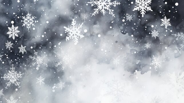 Painted background, abstract watercolor splashes with snowflakes. Winter snow concept. Black and white colored.