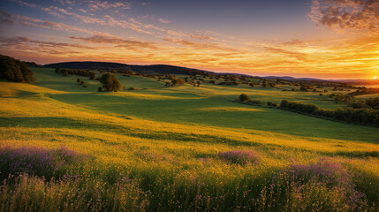 Obraz premium beautiful landscapes of sunset in the field, golden hour scenery background