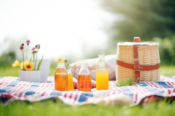 outdoor picnic scene with juice bottles on checkered blanket - obrazy, fototapety, plakaty
