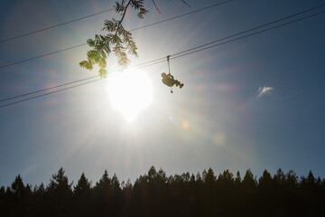 Zip line fun with a person riding a zip line silhouetted against a bright sun. Trees fill the lower...