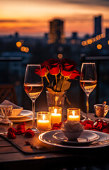 Romantic dinner setting in the beautiful restaurant atmosphere with flowers and silverware, candles and red roses on table with blurred lights on the background