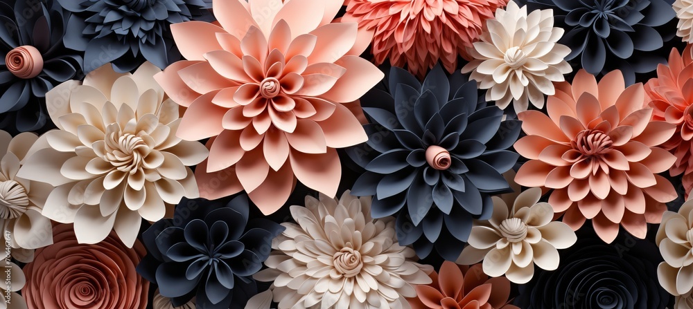 Poster abstract origami paper art with intricate pattern in various peach fuzz and dark blue color tones