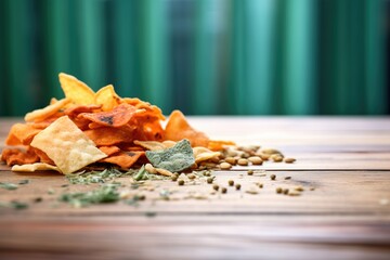 closeup of assorted chips pile on wood table
