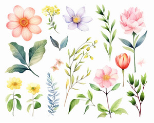 Fototapeta na wymiar Spring flowers and leaves collection, isolated elements in pastel colors, watercolor illustration