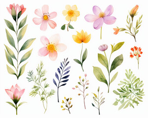 Spring flowers and leaves collection, isolated elements in pastel colors, watercolor illustration