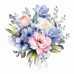 Spring flowers bouquet for wedding, isolated watercolor illustration in pastel colors