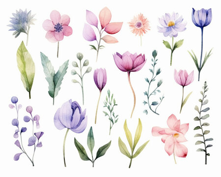 Spring flowers and leaves collection, isolated elements in pastel colors, watercolor illustration