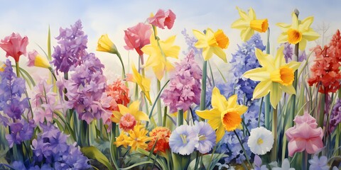 Obraz na płótnie Canvas daffodils and hyacinths in the spring meadow
