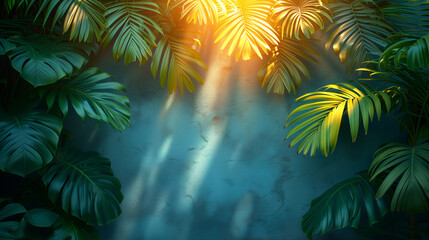 Lush palm leaves hanging gracefully on a light blue wall. Generative ai.