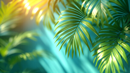 Lush palm leaves hanging gracefully on a light blue wall. Generative ai.