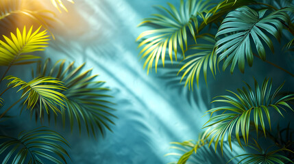 Lush palm leaves hanging gracefully on a light blue wall. Generative ai.