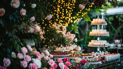 Fototapeta na wymiar Wedding dessert bar in a roses garden wedding, epic and beautiful, copy space.