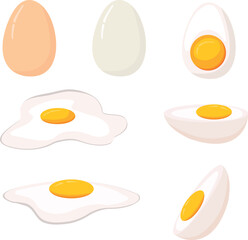 Cartoon egg isolated on white background. Set of fried, boiled, half, sliced eggs. Vector illustration. Eggs in various forms.