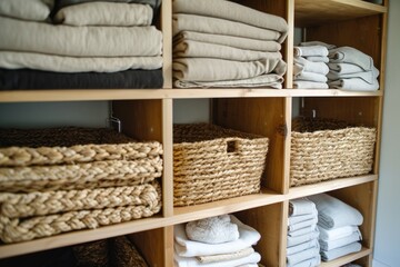 Fototapeta na wymiar Modern Closet Organization: Eco-Friendly Linen Storage with Straw Baskets and Minimalist Dividers