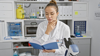 Attractive young hispanic woman scientist, immersed in science research, reading a medical book in...