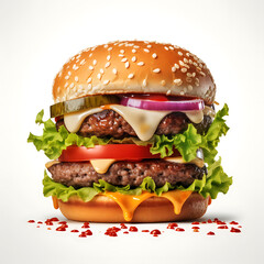 Double hamburger isolated on white background Fresh burger fast food with beef and cream cheese