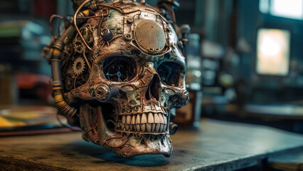 Elaborately designed mechanical skull with steampunk features, gears and metallic textures - obrazy, fototapety, plakaty