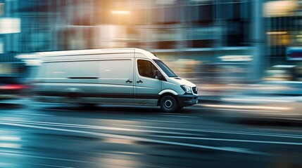Speeding Delivery Van in Urban Cityscape. Generative ai - obrazy, fototapety, plakaty