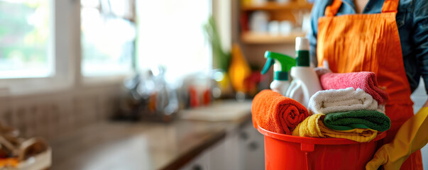 Cleaning lady with a bucket and cleaning products on blurred background. - obrazy, fototapety, plakaty
