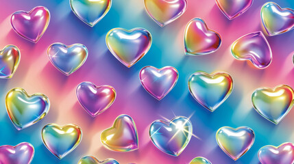 Stylized Rainbow Iridescent Opalescent Holographic Hearts Icons Symbols In Pattern. Futuristic Chromatic Aesthetic Y2K Hearts Texture