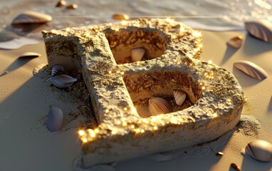 A letter A-Z  isometric design, dreamy gold tone, sun lights , Shell and sand  covered, Abbreviation letter A-Z.