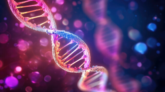 3-D. Illustration of human DNA with glowing graphic overlay.