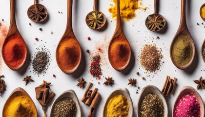Various spices displayed in wooden spoons on a white surface. - obrazy, fototapety, plakaty