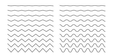 Wave and zigzag horizontal lines. Simple curvy and jagged decorative borders isolated on white background. Water, sea, ocean, river, air, wind signs. Corrugated outline textures. Vector illustration - obrazy, fototapety, plakaty