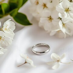 Silver ring on white table with beautiful flowers, white background, elegant, bright, copy space.
