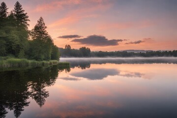 Fototapeta na wymiar A serene sunrise over a calm lake