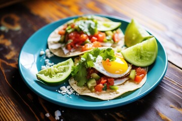 huevos rancheros with a whole avocado and lime wedges