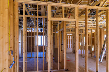 View of support beams stick framing on newly constructed home