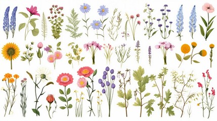 Explore the Beauty of Nature with this Detailed Wild Flowers Vector Collection – Perfect for Botanical, Organic, and Floral Design Projects! - obrazy, fototapety, plakaty