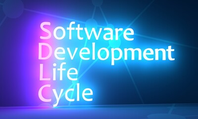 SDLC System Development Life Cycle - process for planning, creating, testing, and deploying an information system. Acronym text concept background. Neon shine text. 3D render