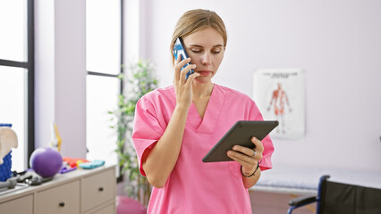 A focused blonde woman in pink scrubs multitasks with a tablet and phone in a bright clinic room.