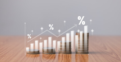 Interest rate concept, bank interest, money with up arrow and percentage symbol for financial...
