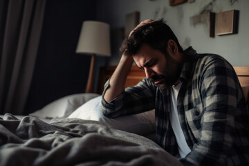 Exhausted man sits in a bedroom, expressing depression, worry, and loneliness during a crisis.