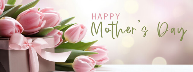 Happy Mother's Day celebration holiday greeting card with text - Bunch of flowers, bouquet of pink tulips and gift box present on table