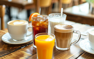 different drinks - tea, coffee, juice on a cafe wooden table. beverages for a cafe or restaurant menu ad, non-alcoholic beverages or drinks